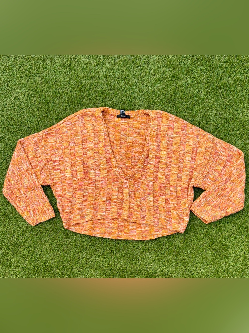 Forever 21 Orange Marled V-Neck Cropped Sweater Medium